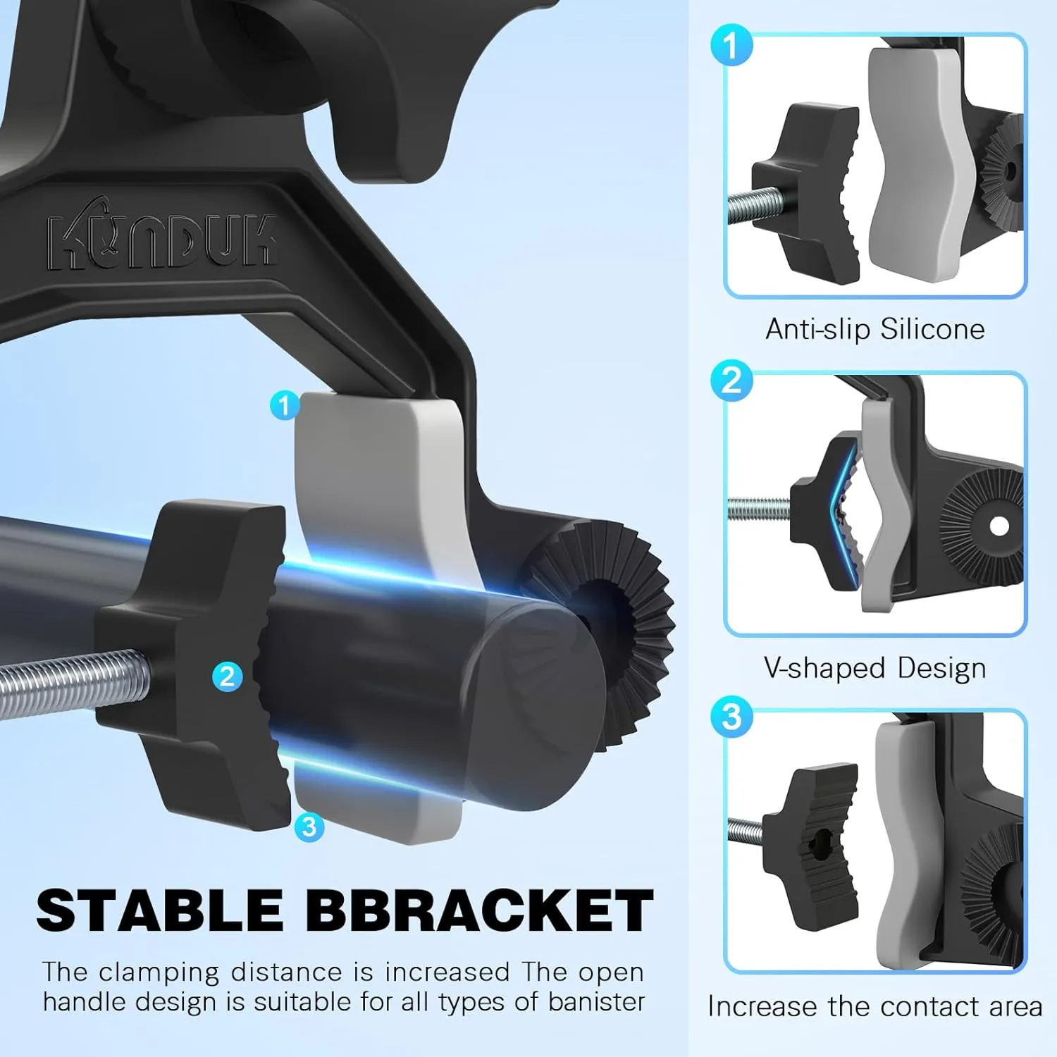 Upgraded Fishing Rod Holder with Button-Lock 360° Dual Rotation, Universal Silicone Strap & Enlarged V-Clamp – Fits Round/Square Tubes, Secure Adjustable Boat Fishing Gear for All Rod Sizes