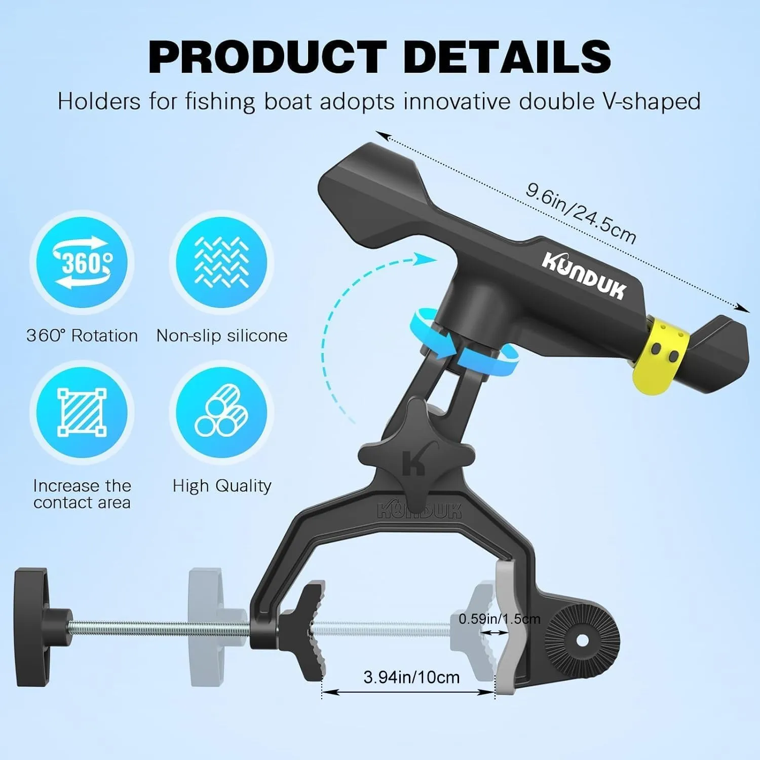 Upgraded Fishing Rod Holder with Button-Lock 360° Dual Rotation, Universal Silicone Strap & Enlarged V-Clamp – Fits Round/Square Tubes, Secure Adjustable Boat Fishing Gear for All Rod Sizes