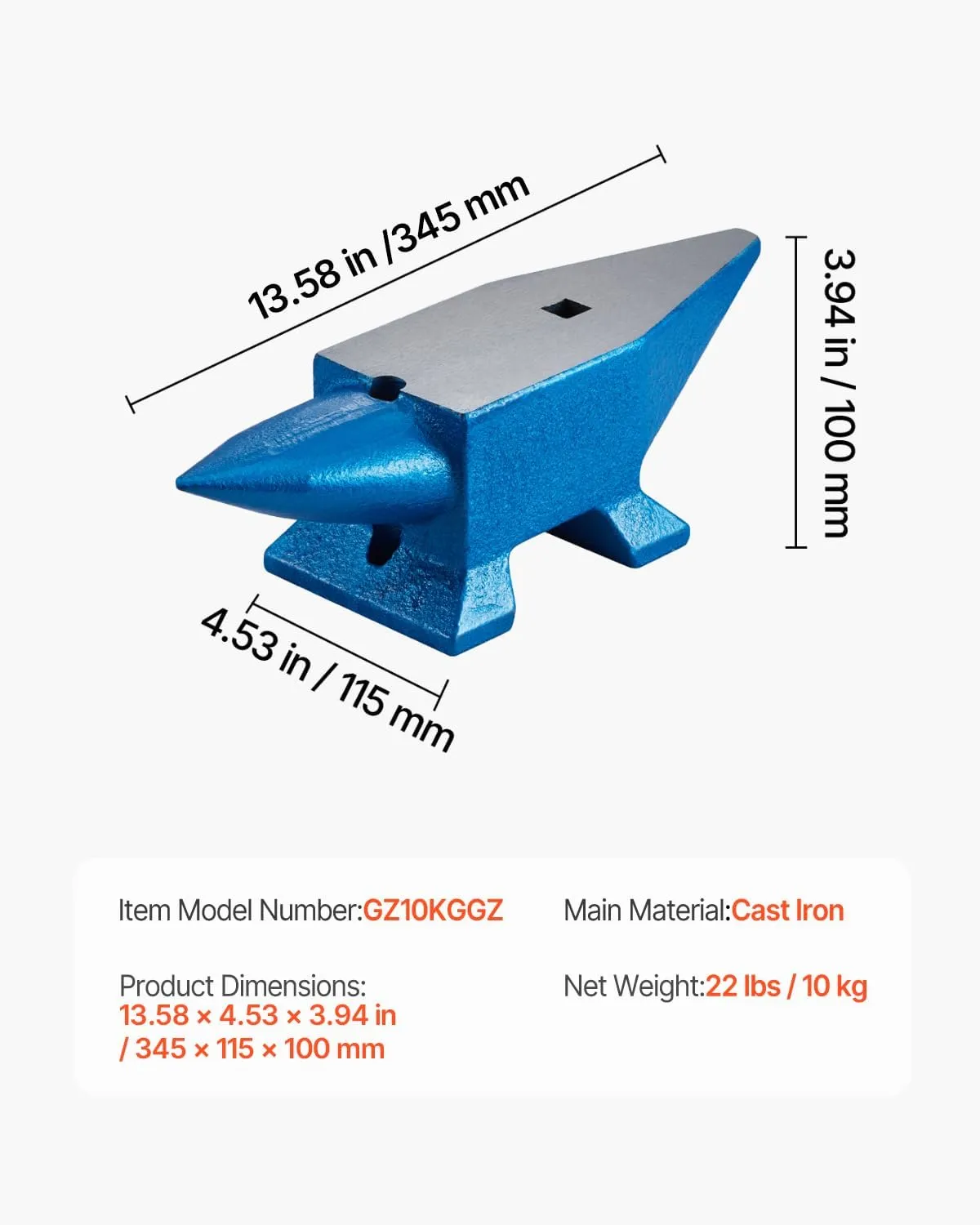 VEVOR Single Horn Anvil, 22Lbs Steel Anvil Blacksmith for Sale Forge Steel Tools with Round and Square Hole and Equipment Anvil, Rugged Blacksmith Jewelers Durable and Robust Metalsmith Tool