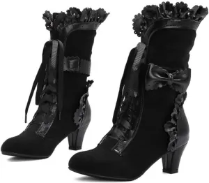 Vintage Chunky Heel Dress Mid Calf Short Booties for Womens Sweet Bow Boots Mid Heels Lace Up Victorian Boots Kawaii Boot