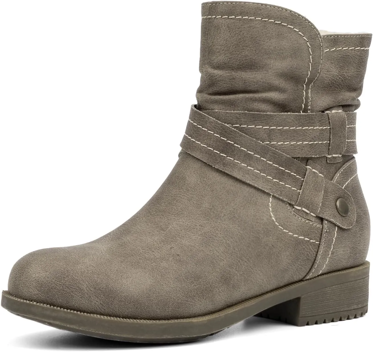 VJH confort Women's Mid Calf Boots, Fur Lined Round Toe Low heel Cross Straps Slouchy Booties with Zipper