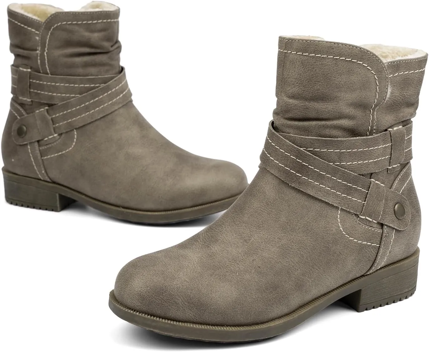 VJH confort Women's Mid Calf Boots, Fur Lined Round Toe Low heel Cross Straps Slouchy Booties with Zipper