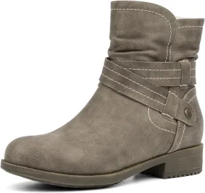 VJH confort Women's Mid Calf Boots, Fur Lined Round Toe Low heel Cross Straps Slouchy Booties with Zipper