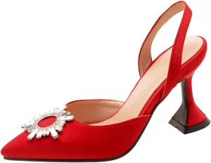 VOKLIN Women's Fashion Rhinestone Slingback Dress Pumps Pointed Toe Kitten Heels Wedding Party Sandals Shoes