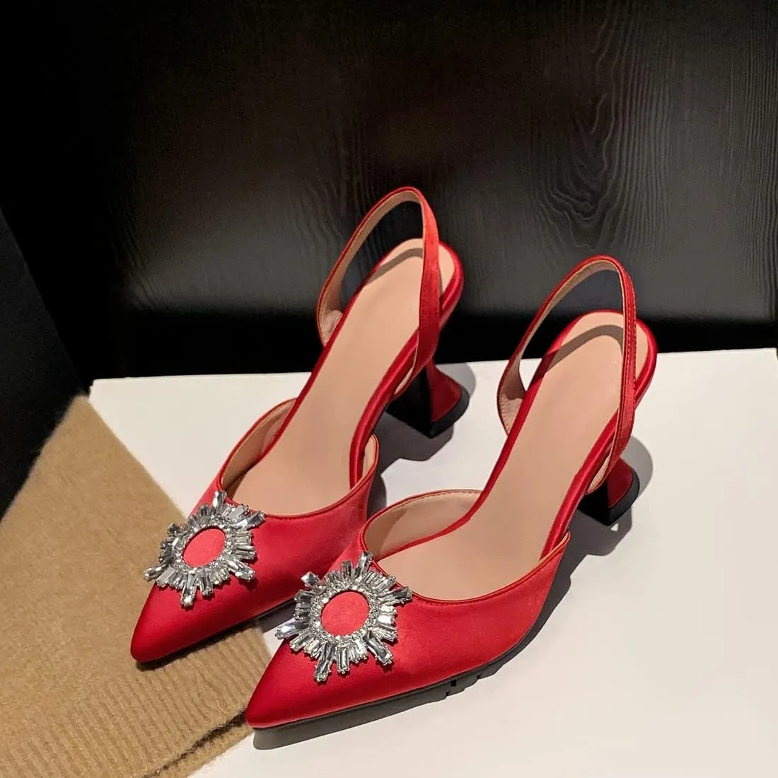 VOKLIN Women's Fashion Rhinestone Slingback Dress Pumps Pointed Toe Kitten Heels Wedding Party Sandals Shoes