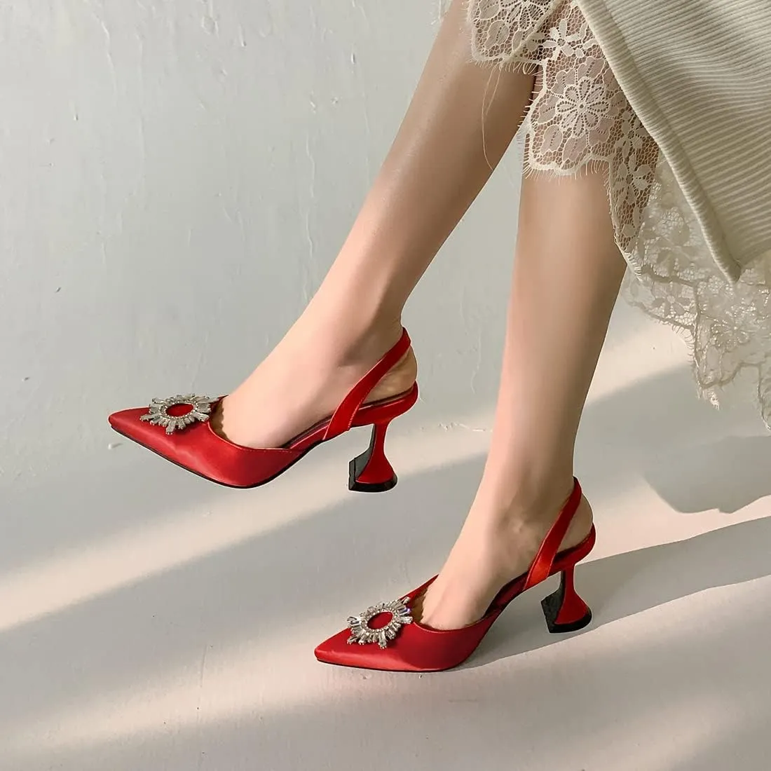 VOKLIN Women's Fashion Rhinestone Slingback Dress Pumps Pointed Toe Kitten Heels Wedding Party Sandals Shoes