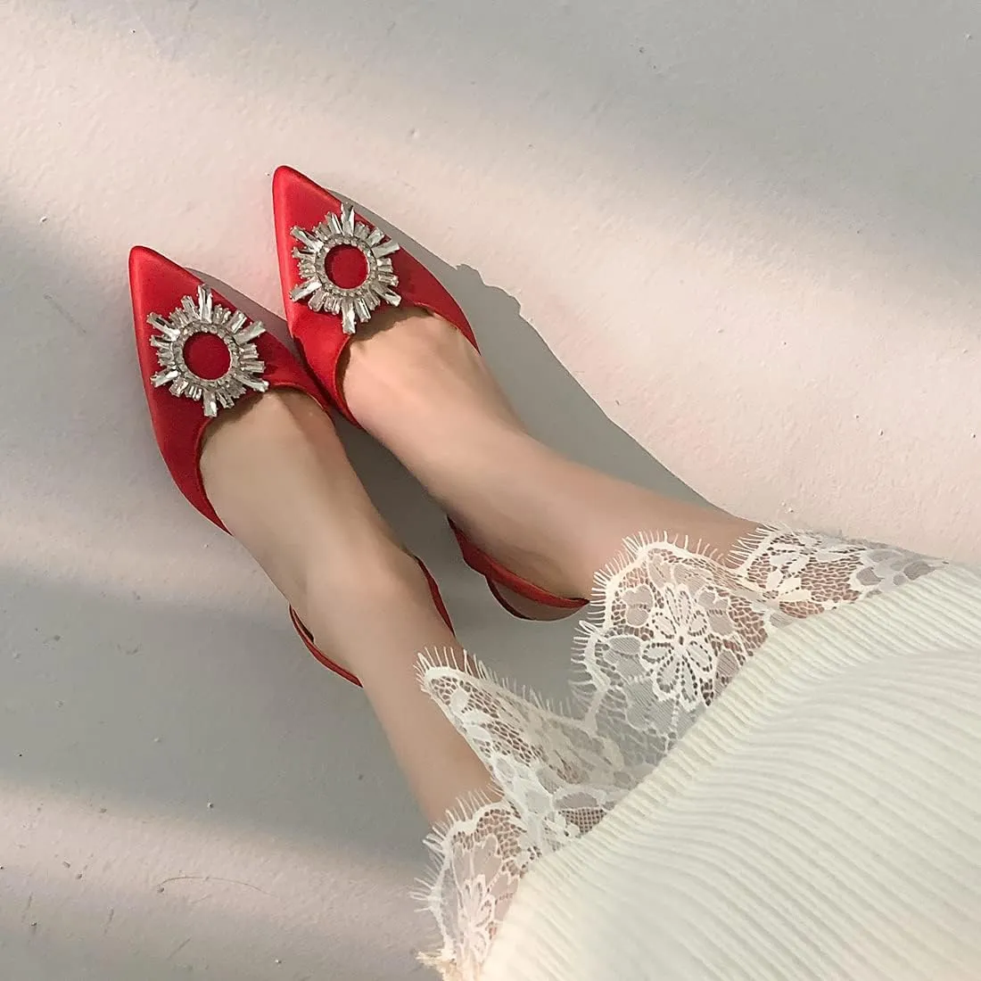 VOKLIN Women's Fashion Rhinestone Slingback Dress Pumps Pointed Toe Kitten Heels Wedding Party Sandals Shoes