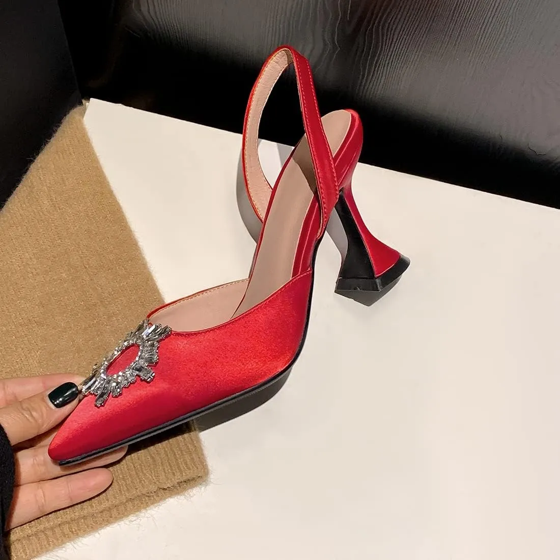 VOKLIN Women's Fashion Rhinestone Slingback Dress Pumps Pointed Toe Kitten Heels Wedding Party Sandals Shoes