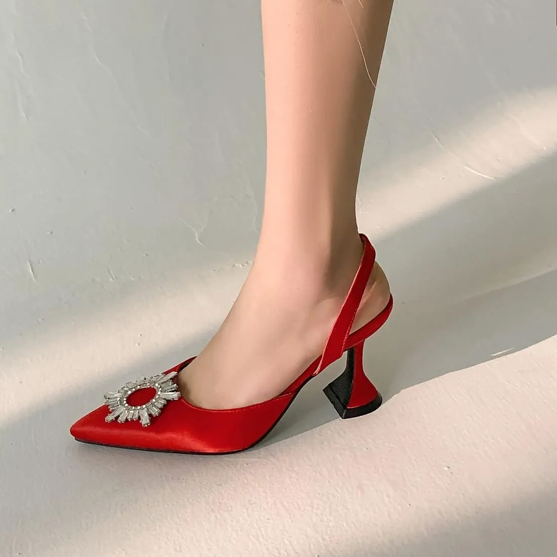 VOKLIN Women's Fashion Rhinestone Slingback Dress Pumps Pointed Toe Kitten Heels Wedding Party Sandals Shoes