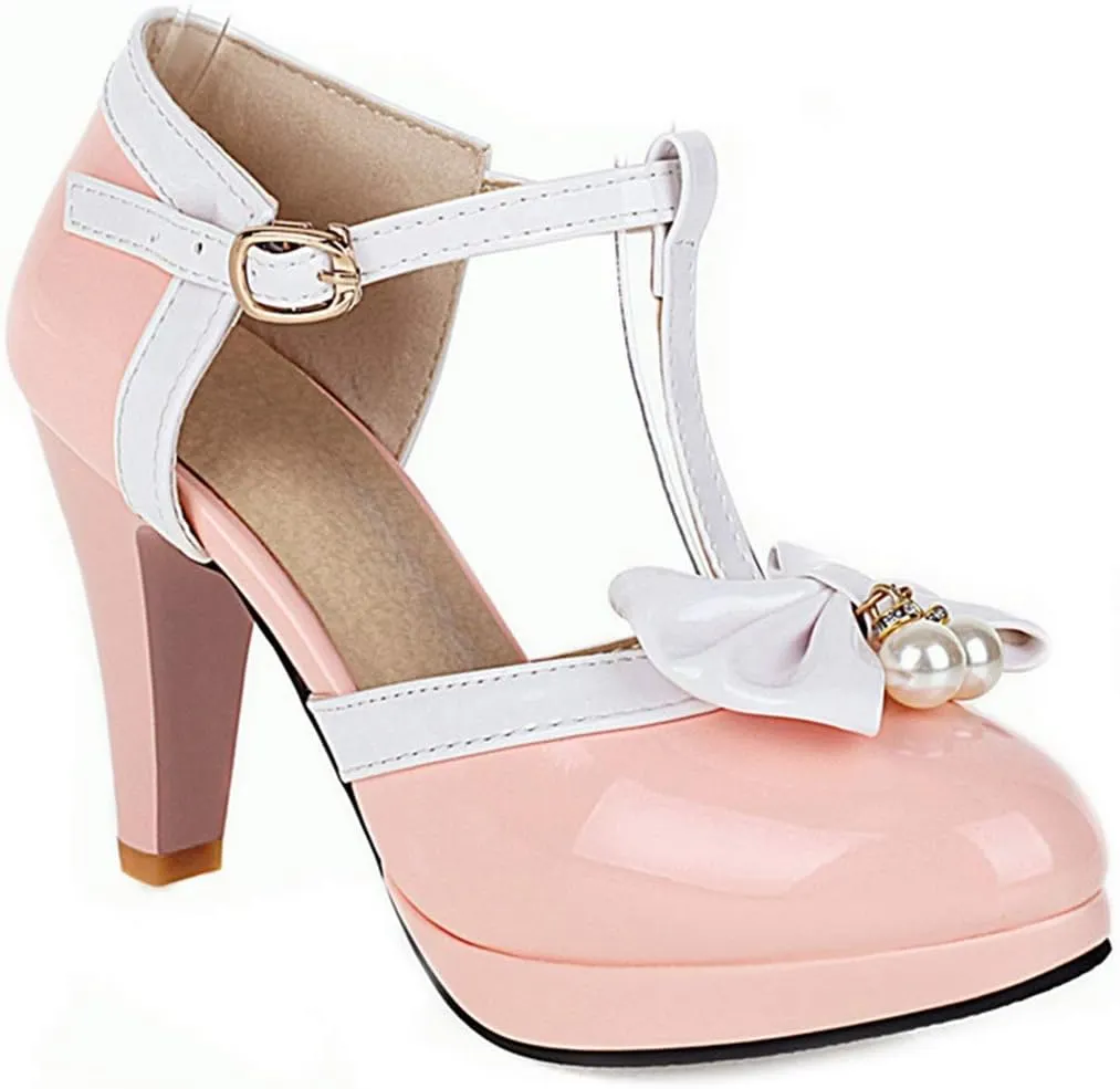 VOKLIN Women's Ladies Bow T-Strap Mary Jane Pumps Round Toe Platform Ankle Strap High Heel Dress Pump Shoes
