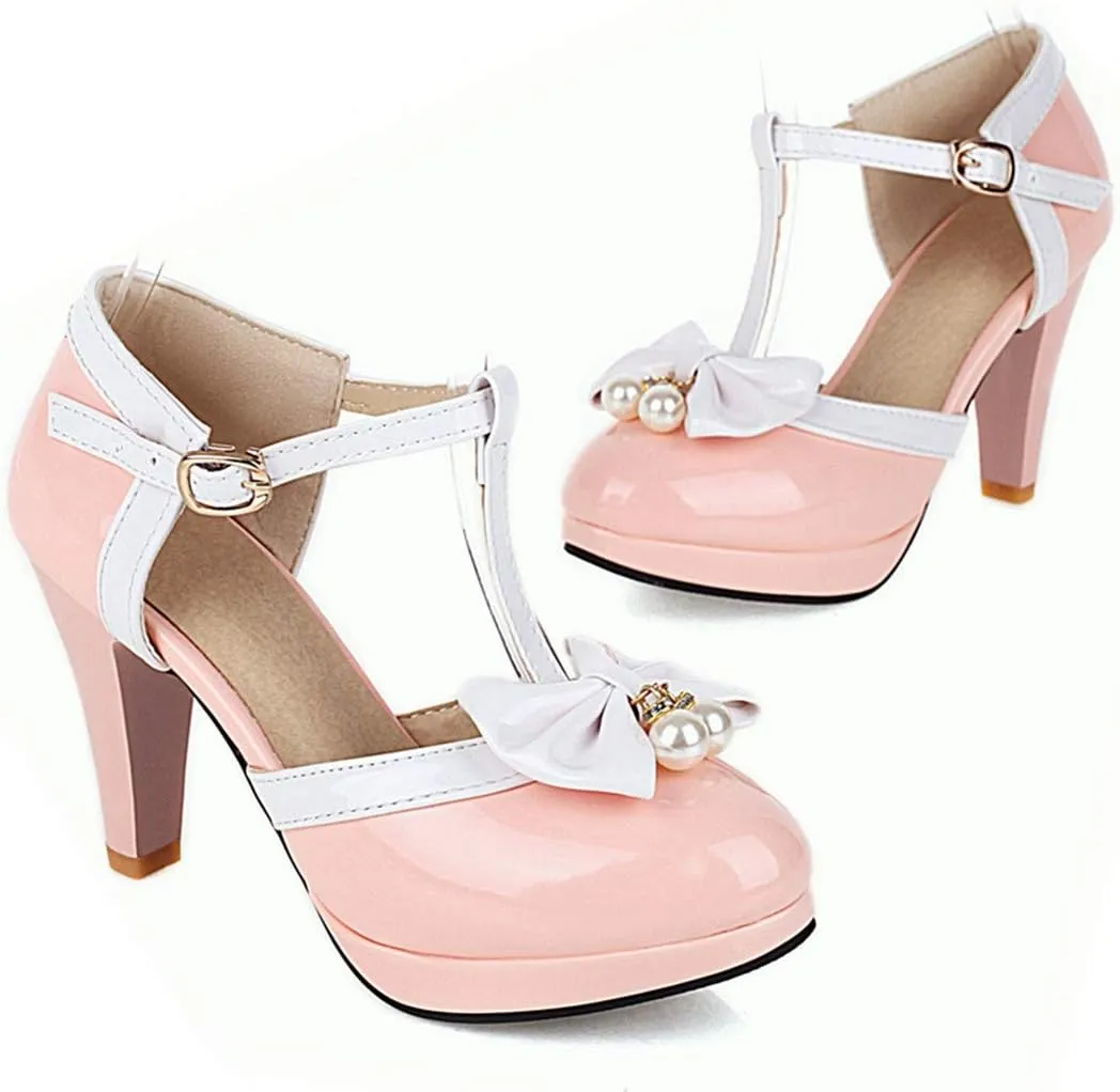 VOKLIN Women's Ladies Bow T-Strap Mary Jane Pumps Round Toe Platform Ankle Strap High Heel Dress Pump Shoes