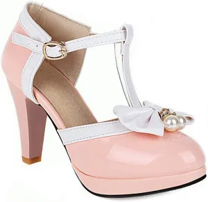 VOKLIN Women's Ladies Bow T-Strap Mary Jane Pumps Round Toe Platform Ankle Strap High Heel Dress Pump Shoes