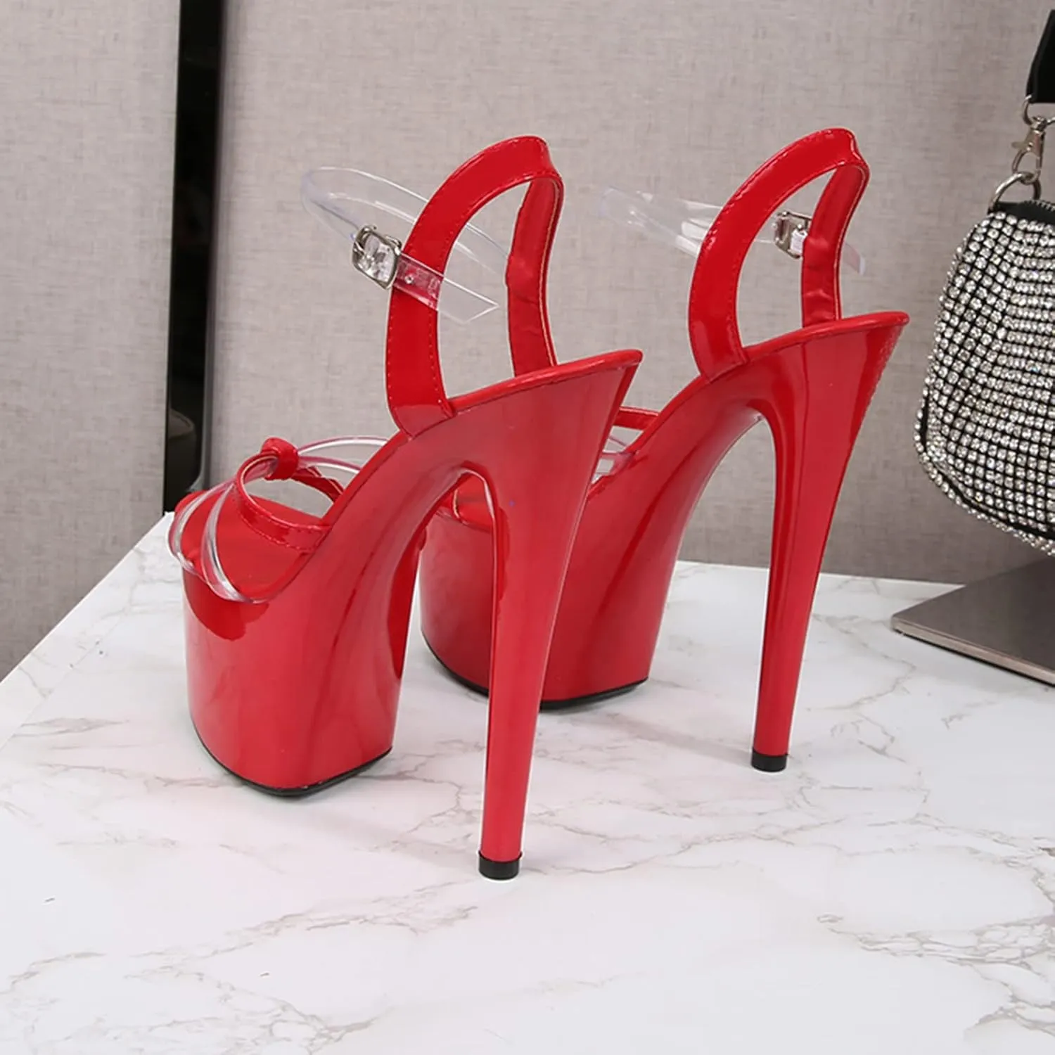 Vujkliy Women's Sandals Round Toe Platform Pump Buckle Stiletto Sandals Sexy Catwalk Nightclub Striptease Plus Size 20 CM/7.87IN Fashion Sandals