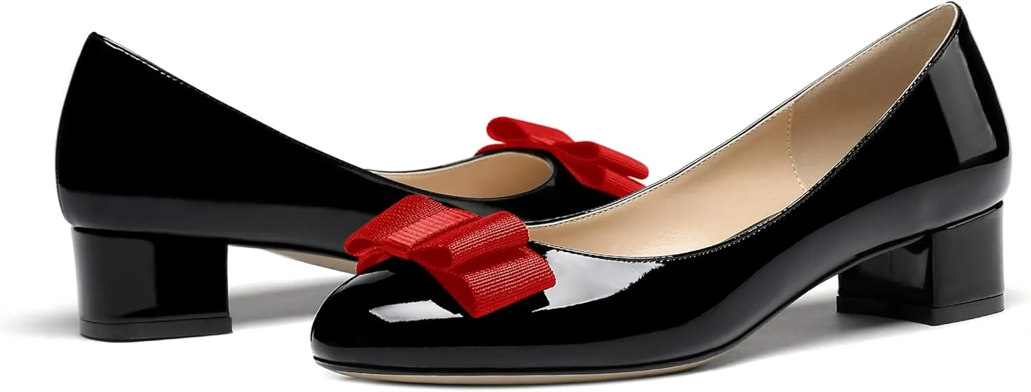 WAYDERNS Women's Patent Bow Slip On Round Toe Chunky Low Heel Pumps Shoes 1.5 Inch