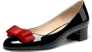 WAYDERNS Women's Patent Bow Slip On Round Toe Chunky Low Heel Pumps Shoes 1.5 Inch