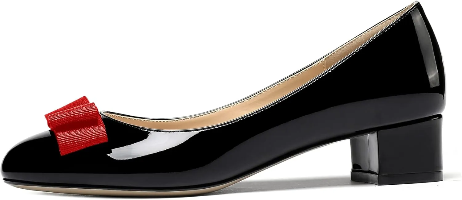 WAYDERNS Women's Patent Bow Slip On Round Toe Chunky Low Heel Pumps Shoes 1.5 Inch