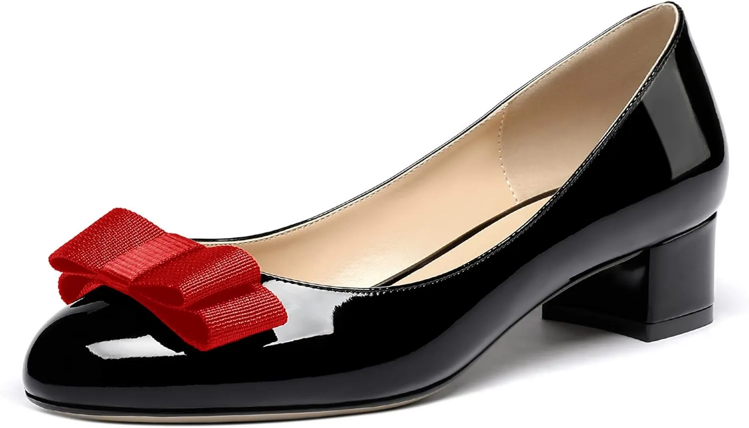WAYDERNS Women's Patent Bow Slip On Round Toe Chunky Low Heel Pumps Shoes 1.5 Inch