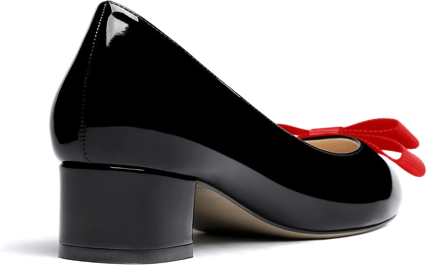 WAYDERNS Women's Patent Bow Slip On Round Toe Chunky Low Heel Pumps Shoes 1.5 Inch