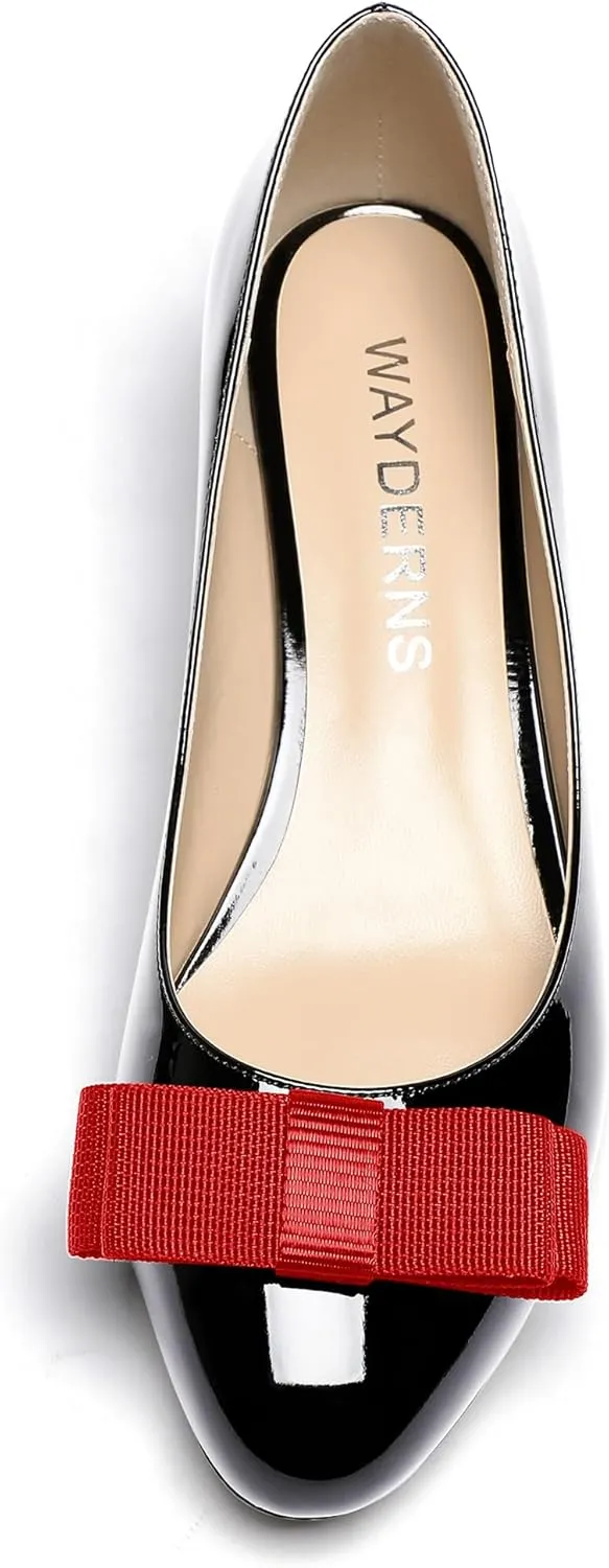 WAYDERNS Women's Patent Bow Slip On Round Toe Chunky Low Heel Pumps Shoes 1.5 Inch
