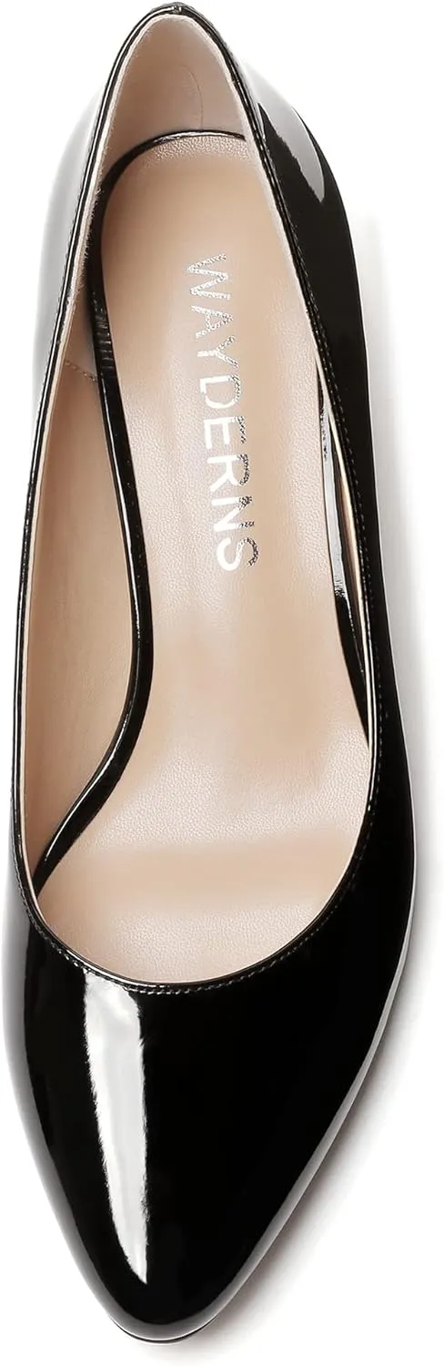 WAYDERNS Women's Slip On Block Patent Round Toe Dress Office Chunky Low Heel Pumps Shoes 2 Inch