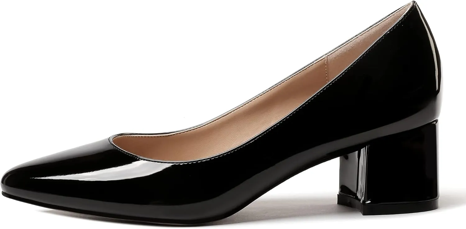 WAYDERNS Women's Slip On Block Patent Round Toe Dress Office Chunky Low Heel Pumps Shoes 2 Inch