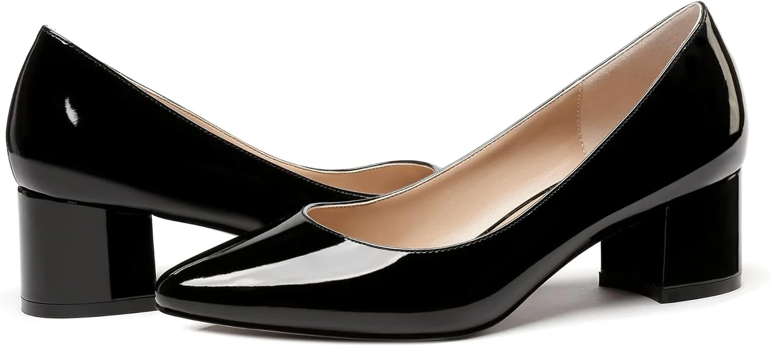 WAYDERNS Women's Slip On Block Patent Round Toe Dress Office Chunky Low Heel Pumps Shoes 2 Inch