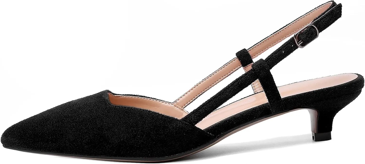 WAYDERNS Womens Suede Slingback Ankle Strap Wedding Solid Fashion Pointed Toe Buckle Kitten Low Heel Pumps Shoes 1.5 Inch