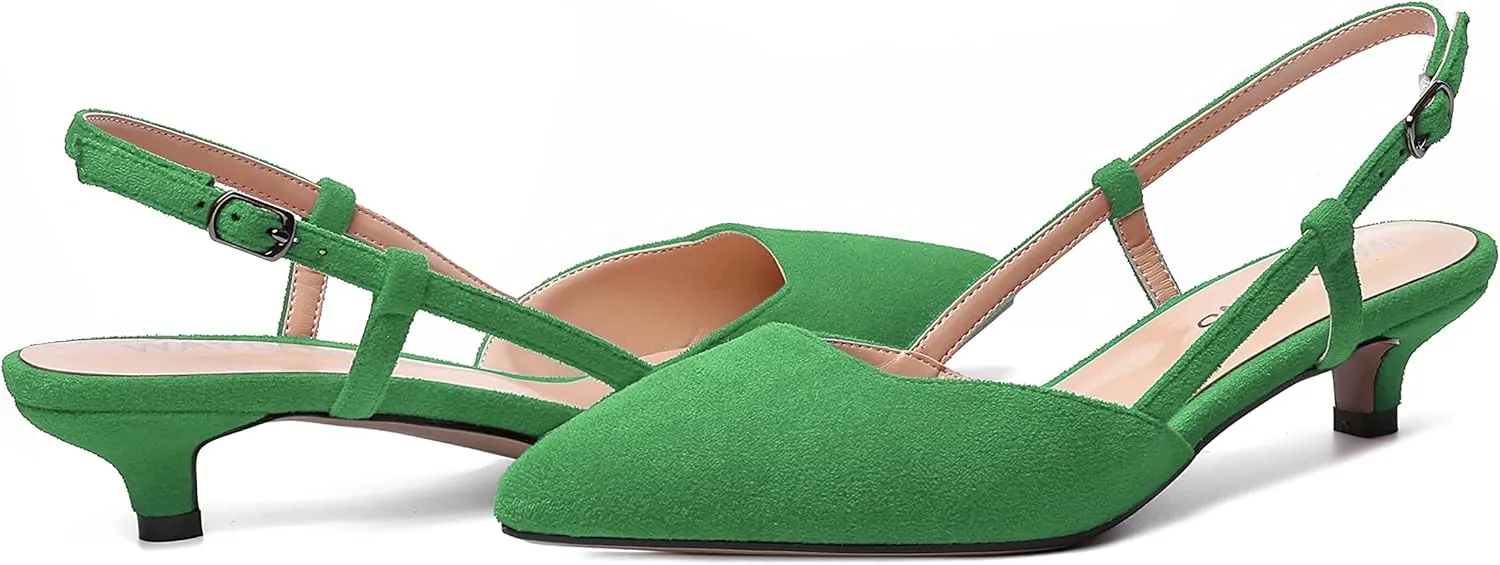 WAYDERNS Womens Suede Slingback Ankle Strap Wedding Solid Fashion Pointed Toe Buckle Kitten Low Heel Pumps Shoes 1.5 Inch
