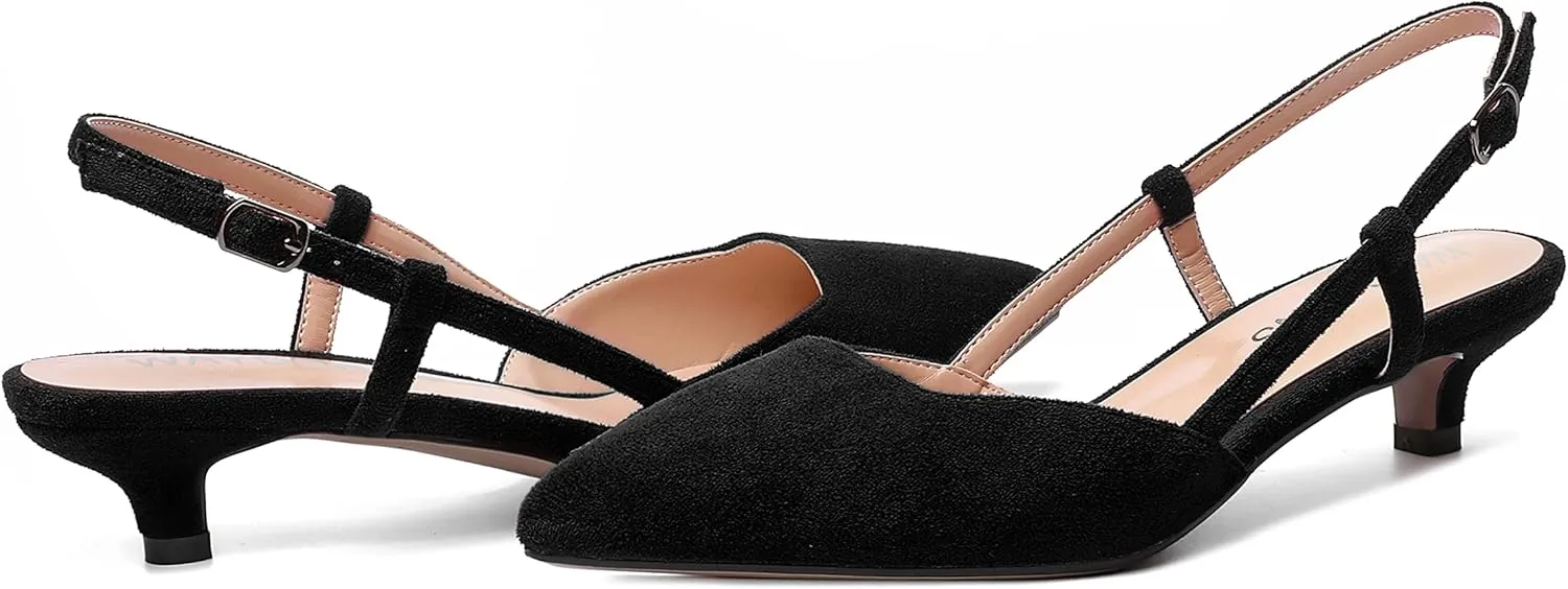WAYDERNS Womens Suede Slingback Ankle Strap Wedding Solid Fashion Pointed Toe Buckle Kitten Low Heel Pumps Shoes 1.5 Inch