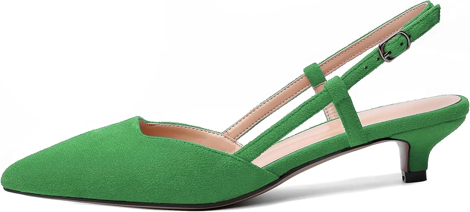 WAYDERNS Womens Suede Slingback Ankle Strap Wedding Solid Fashion Pointed Toe Buckle Kitten Low Heel Pumps Shoes 1.5 Inch