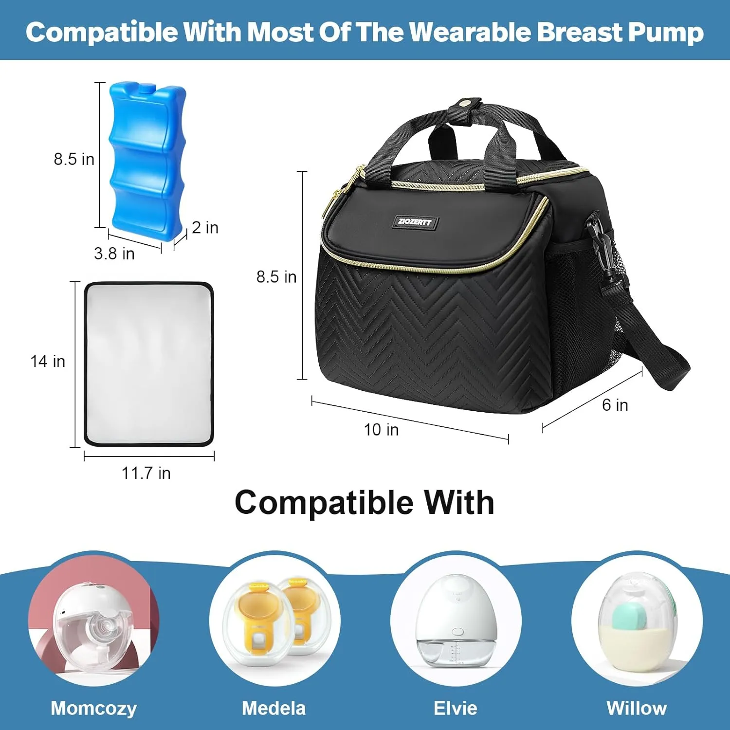 Wearable Breast Pump Bag,Breastmilk Cooler Travel Bag Compatible with Momcozy/Medela/Elvie/Willow Breast Pump with Ice Pack and Water Resistent Mat for 6 Baby Bottles Up to 9 Ounce,Black
