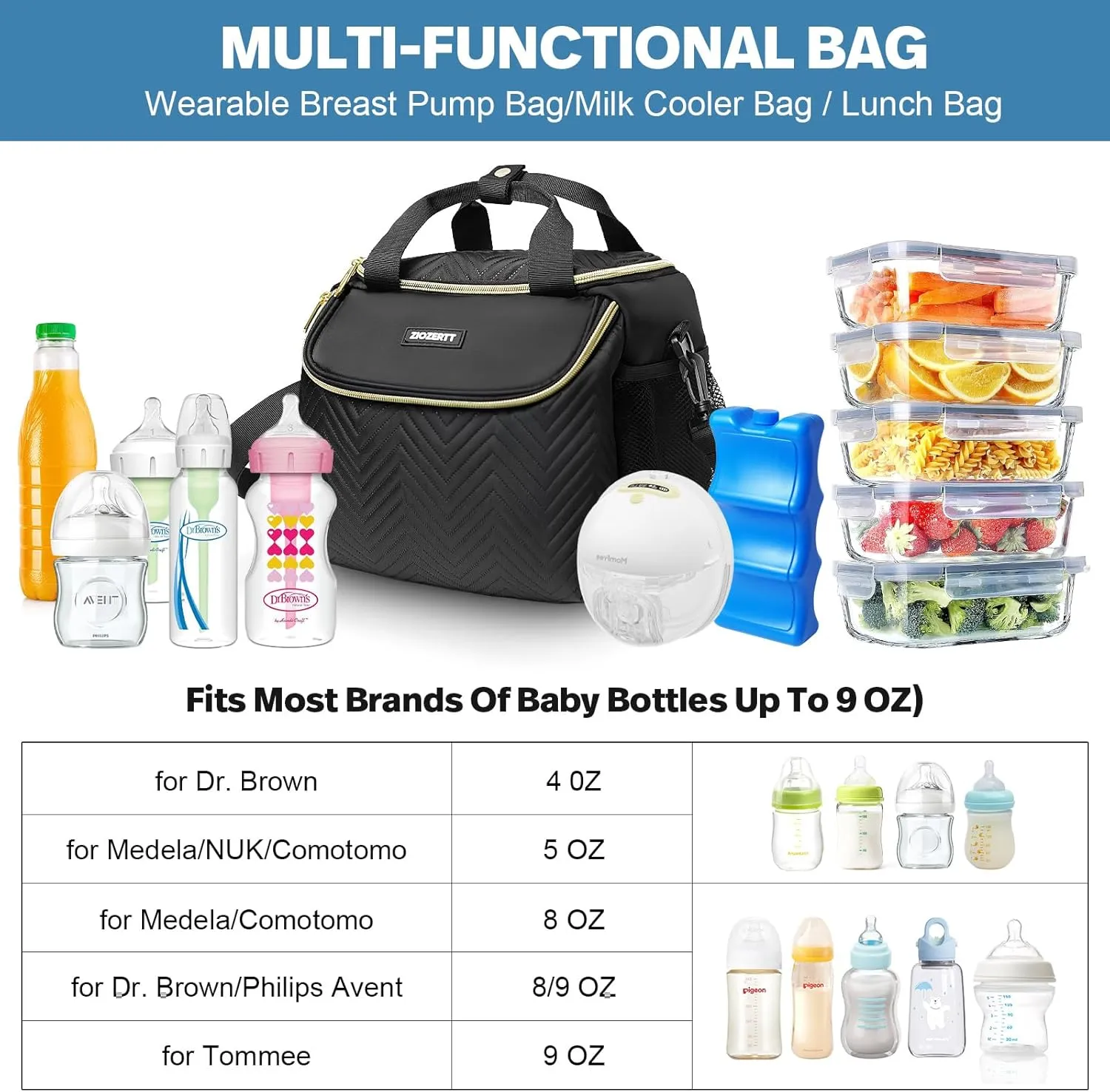 Wearable Breast Pump Bag,Breastmilk Cooler Travel Bag Compatible with Momcozy/Medela/Elvie/Willow Breast Pump with Ice Pack and Water Resistent Mat for 6 Baby Bottles Up to 9 Ounce,Black