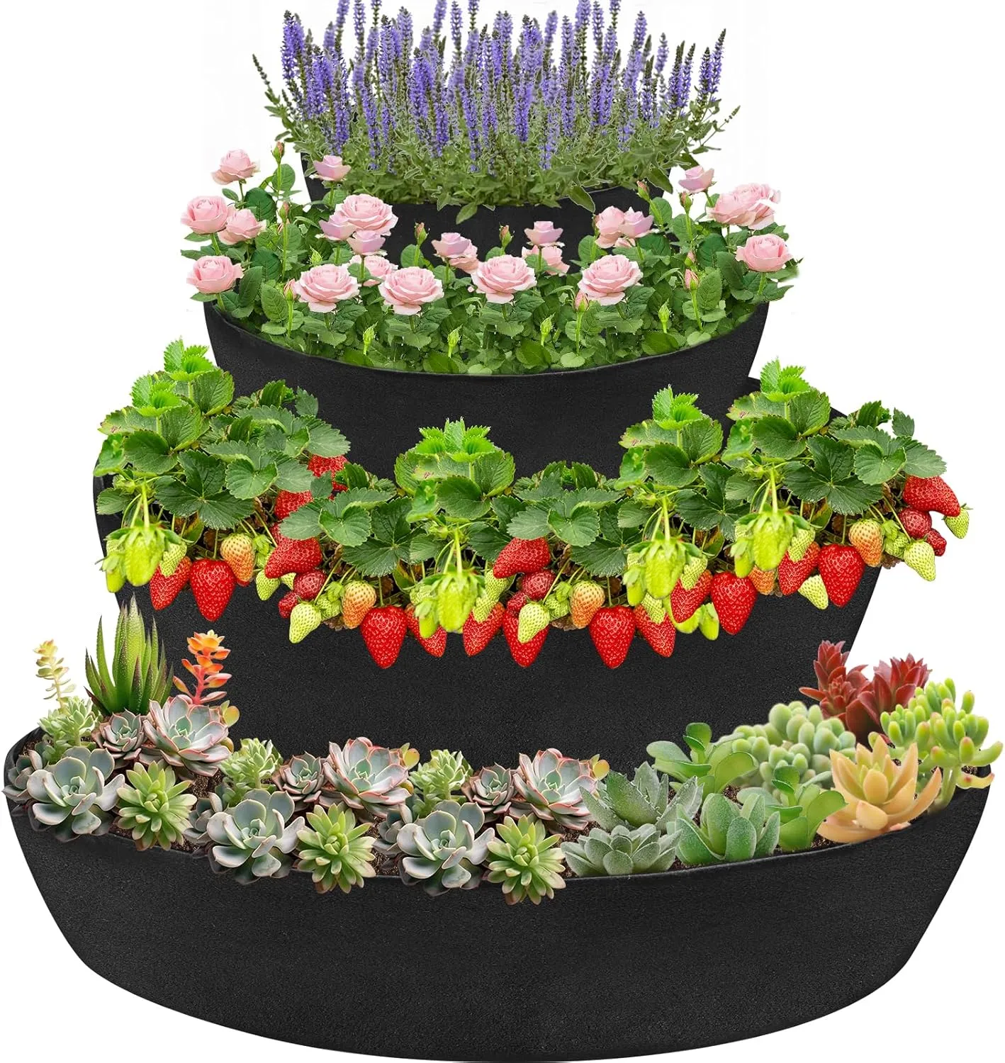 Wenfan 4 Tiered Strawberry Planter Fabric Raised Garden Planting Bed Stackable Strawberry Planter Bag Felt Planting Container for Growing Vegetables Herb Plant, 8 Inch Deep, Round