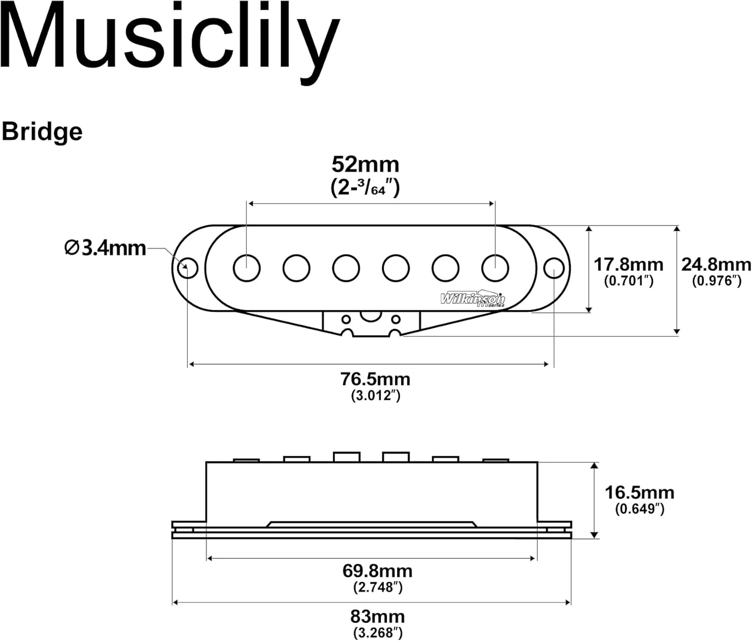 Wilkinson M Series High Output Alnico 5 Strat Single Coil Bridge Pickup for Stratocaster Electric Guitar, Black