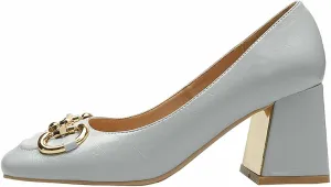 WOilERQ Women's Pump High Heels Square Head Shallow Mouth Chunky Block High Heel Metal Buckle Decorate Single Shoe LUS Size Fashion Shoes Suitable for Women,Blue,34
