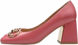WOilERQ Women's Pump High Heels Square Head Shallow Mouth Chunky Block High Heel Metal Buckle Decorate Single Shoe LUS Size Fashion Shoes Suitable for Women,Pink,39