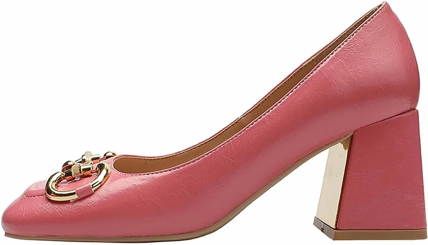 WOilERQ Women's Pump High Heels Square Head Shallow Mouth Chunky Block High Heel Metal Buckle Decorate Single Shoe LUS Size Fashion Shoes Suitable for Women,Pink,39