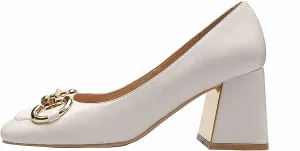 WOilERQ Women's Pump High Heels Square Head Shallow Mouth Chunky Block High Heel Metal Buckle Decorate Single Shoe LUS Size Fashion Shoes Suitable for Women,White,38