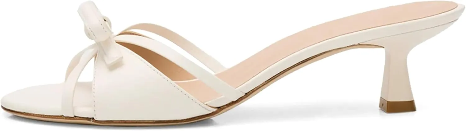 Women Heeled Sandals Mules Round Open Toe Bow Slides Low Kitten Heels Silp On Slippers Casual Stiletto Wedding Dress Slide Shoes