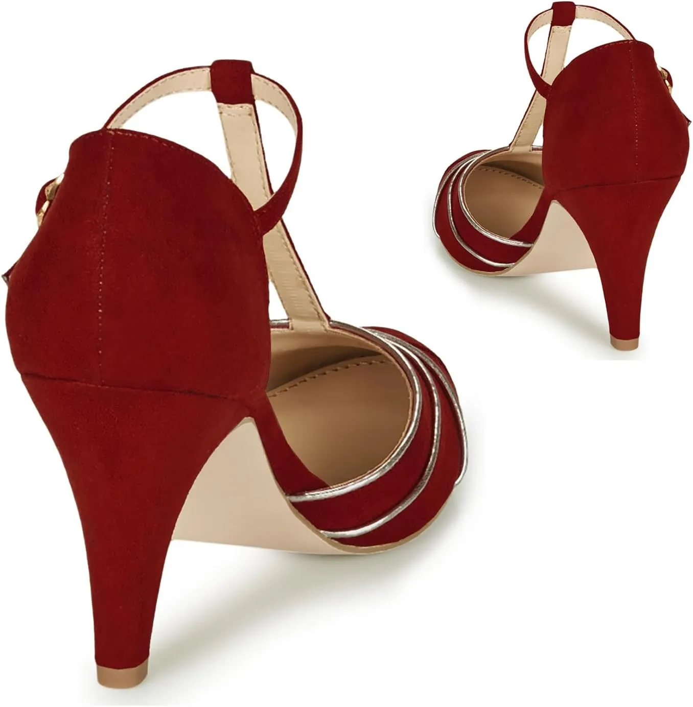 Women Kitten Heel Mary Janes Round Toe Ankle T-Strap Mary Jane Pumps Suede 3 inch Kitten Heel Pump Shoes Cut Out Ankle Strap Buckle Mary Jane Heels Retro Elegant Wedding 4-11 M US