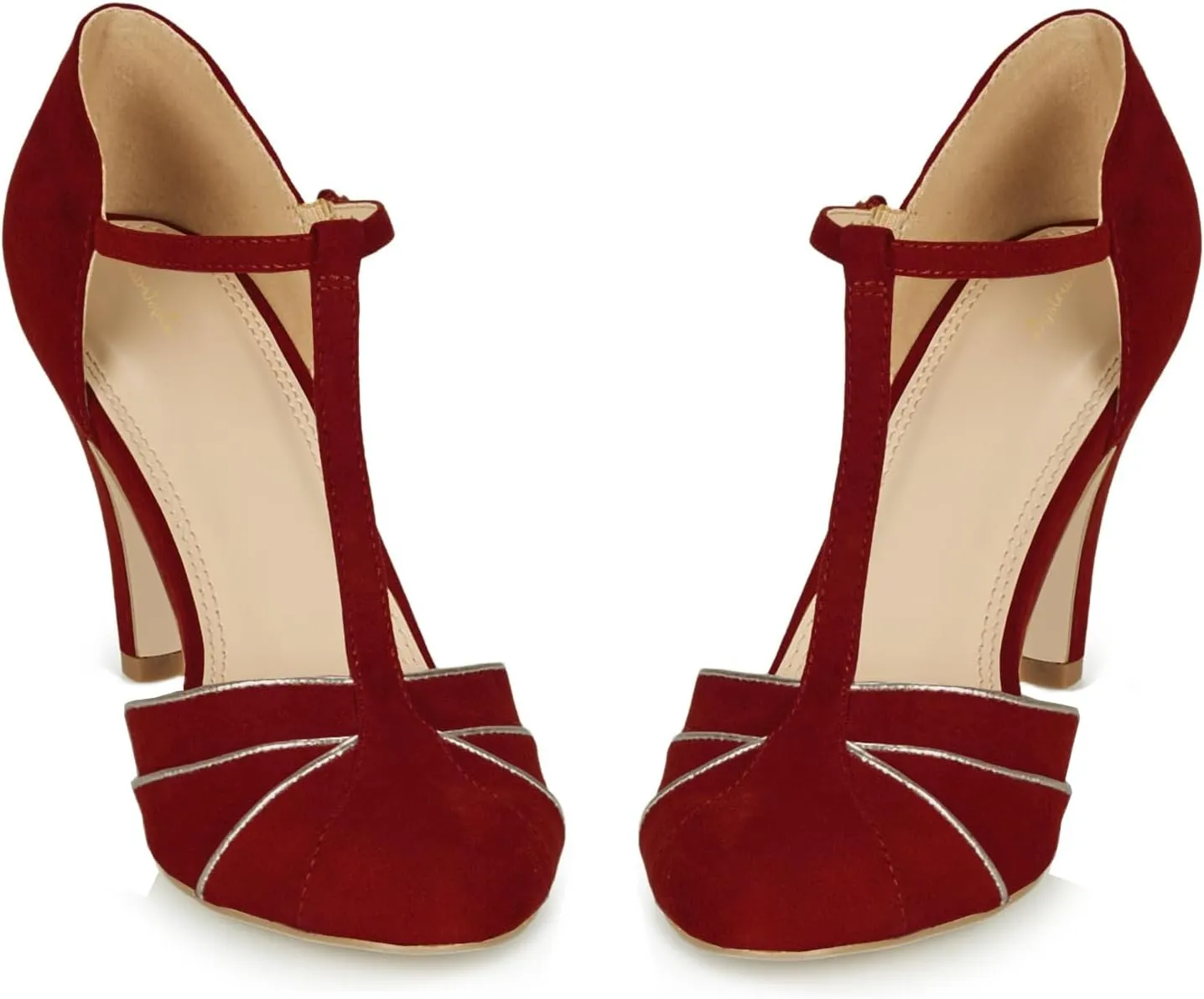 Women Kitten Heel Mary Janes Round Toe Ankle T-Strap Mary Jane Pumps Suede 3 inch Kitten Heel Pump Shoes Cut Out Ankle Strap Buckle Mary Jane Heels Retro Elegant Wedding 4-11 M US