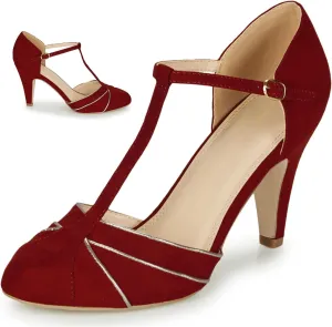 Women Kitten Heel Mary Janes Round Toe Ankle T-Strap Mary Jane Pumps Suede 3 inch Kitten Heel Pump Shoes Cut Out Ankle Strap Buckle Mary Jane Heels Retro Elegant Wedding 4-11 M US