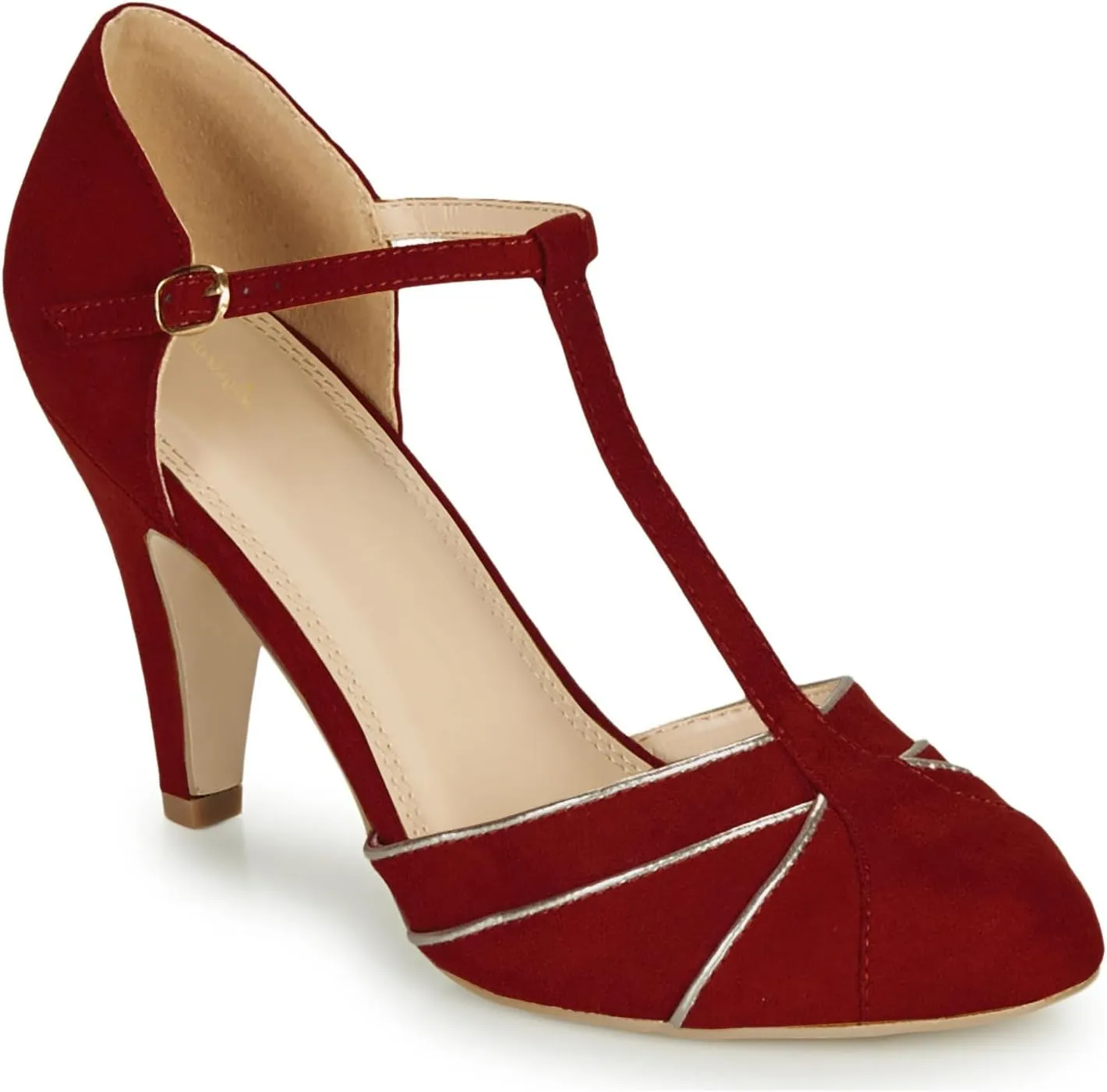Women Kitten Heel Mary Janes Round Toe Ankle T-Strap Mary Jane Pumps Suede 3 inch Kitten Heel Pump Shoes Cut Out Ankle Strap Buckle Mary Jane Heels Retro Elegant Wedding 4-11 M US