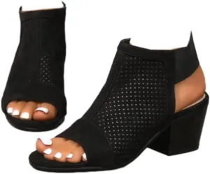 Women Peep Toe Booties Open Toe Boots Cutout Ankle Strap Mid Black Chunky Heel Block Sandals