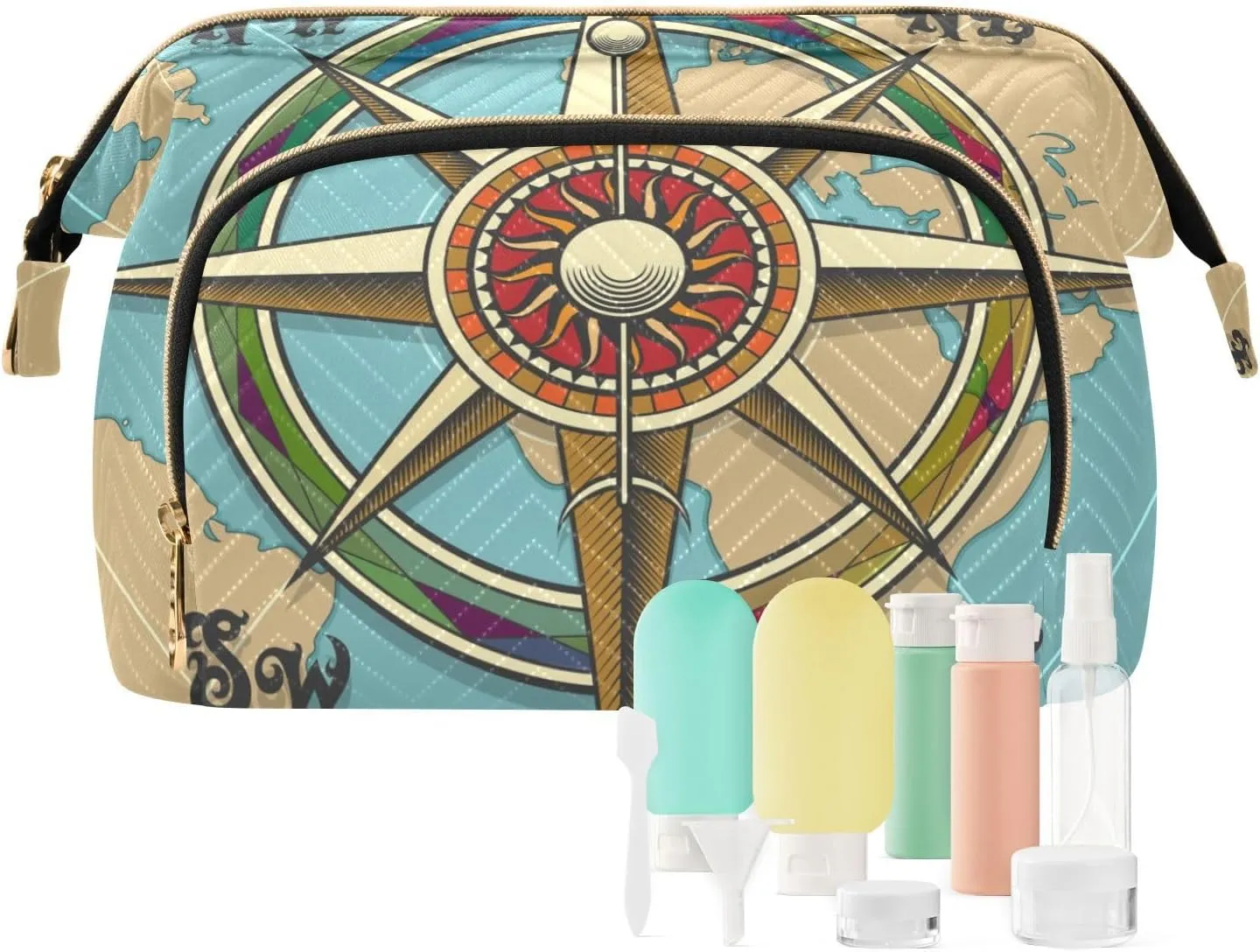 Women Wave Quilt Cosmetic Bag, Storage Pouch Handbag Makeup Case Zipper Toiletry Purse Holder Organizer 10.2x5.9x6.7 in Classic Vintage Wind Compass Rose on Map Background