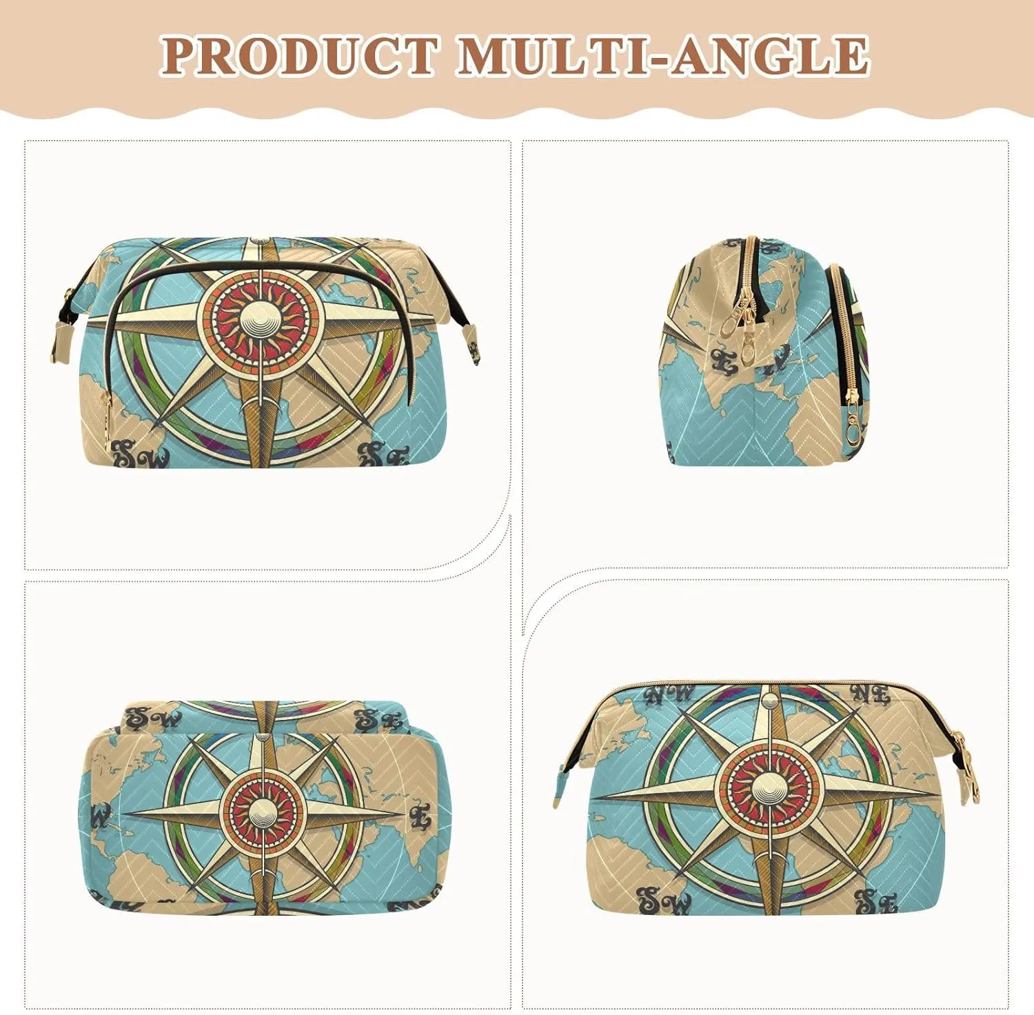 Women Wave Quilt Cosmetic Bag, Storage Pouch Handbag Makeup Case Zipper Toiletry Purse Holder Organizer 10.2x5.9x6.7 in Classic Vintage Wind Compass Rose on Map Background