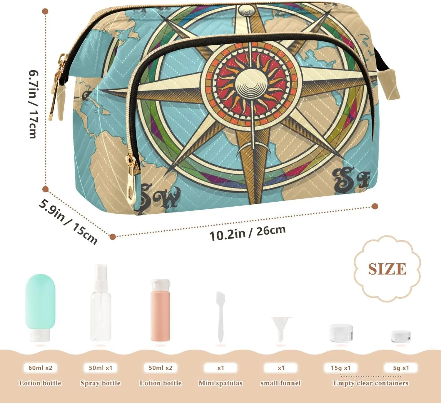 Women Wave Quilt Cosmetic Bag, Storage Pouch Handbag Makeup Case Zipper Toiletry Purse Holder Organizer 10.2x5.9x6.7 in Classic Vintage Wind Compass Rose on Map Background
