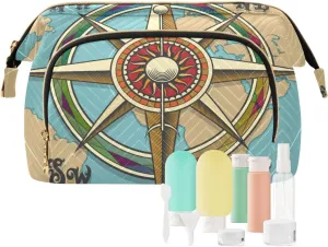 Women Wave Quilt Cosmetic Bag, Storage Pouch Handbag Makeup Case Zipper Toiletry Purse Holder Organizer 10.2x5.9x6.7 in Classic Vintage Wind Compass Rose on Map Background