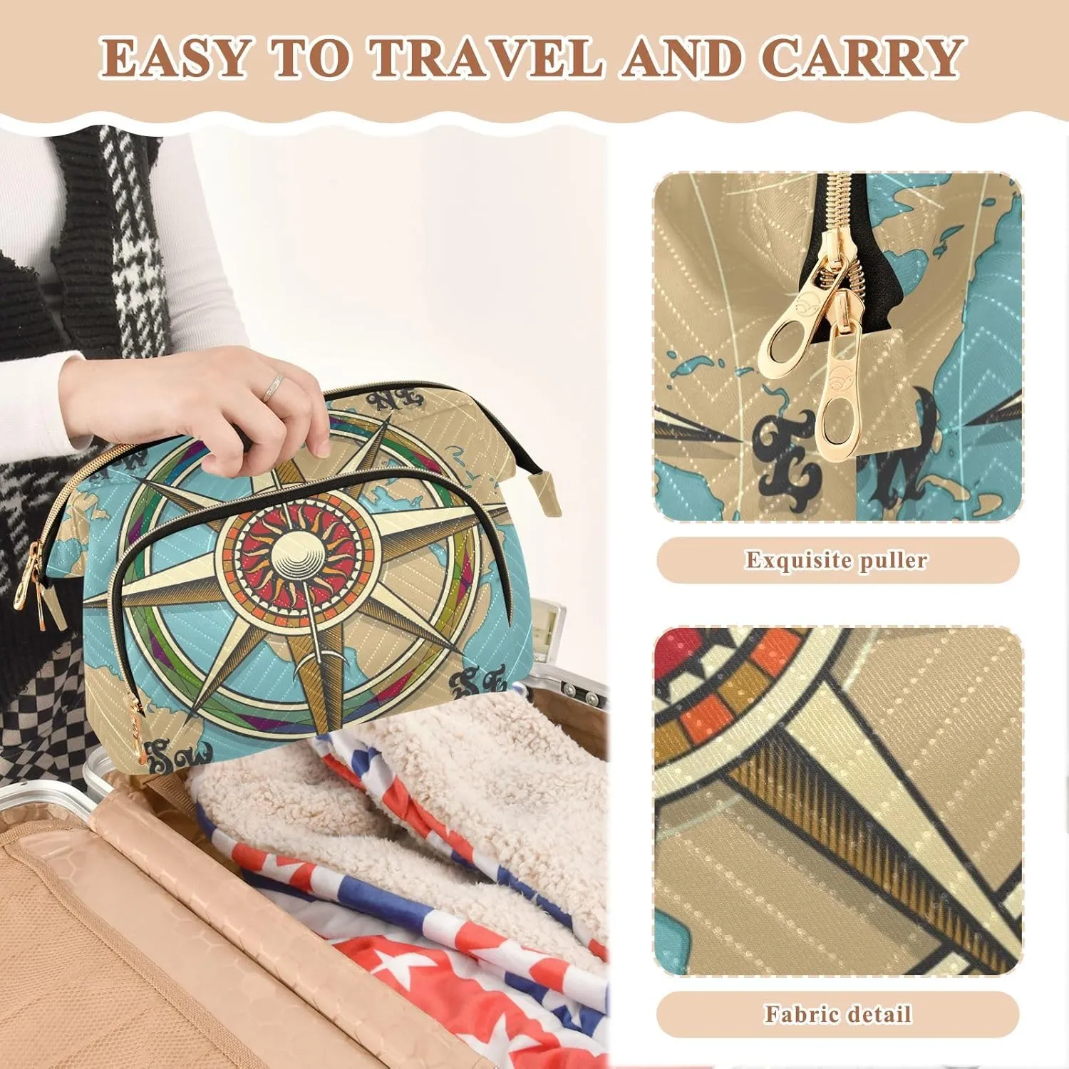 Women Wave Quilt Cosmetic Bag, Storage Pouch Handbag Makeup Case Zipper Toiletry Purse Holder Organizer 10.2x5.9x6.7 in Classic Vintage Wind Compass Rose on Map Background