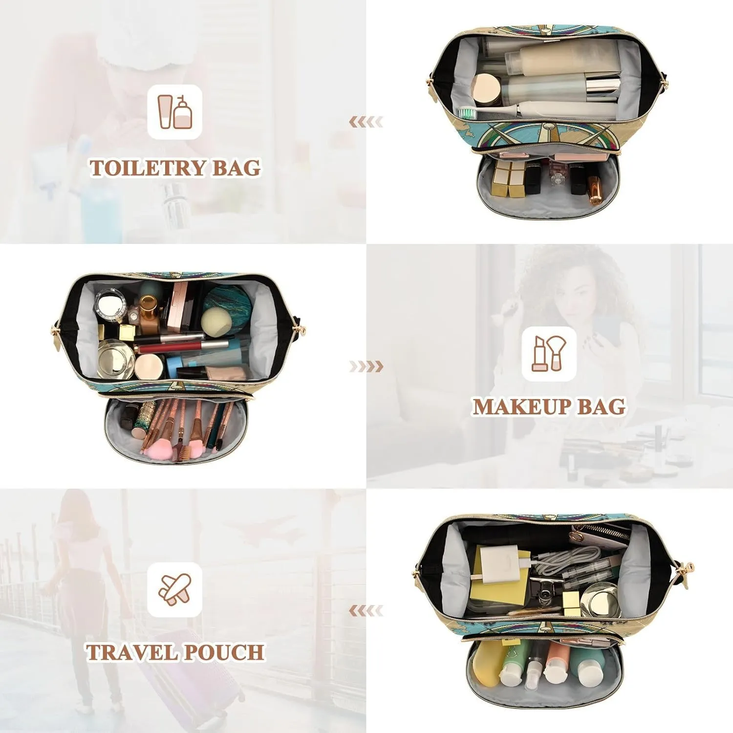 Women Wave Quilt Cosmetic Bag, Storage Pouch Handbag Makeup Case Zipper Toiletry Purse Holder Organizer 10.2x5.9x6.7 in Classic Vintage Wind Compass Rose on Map Background